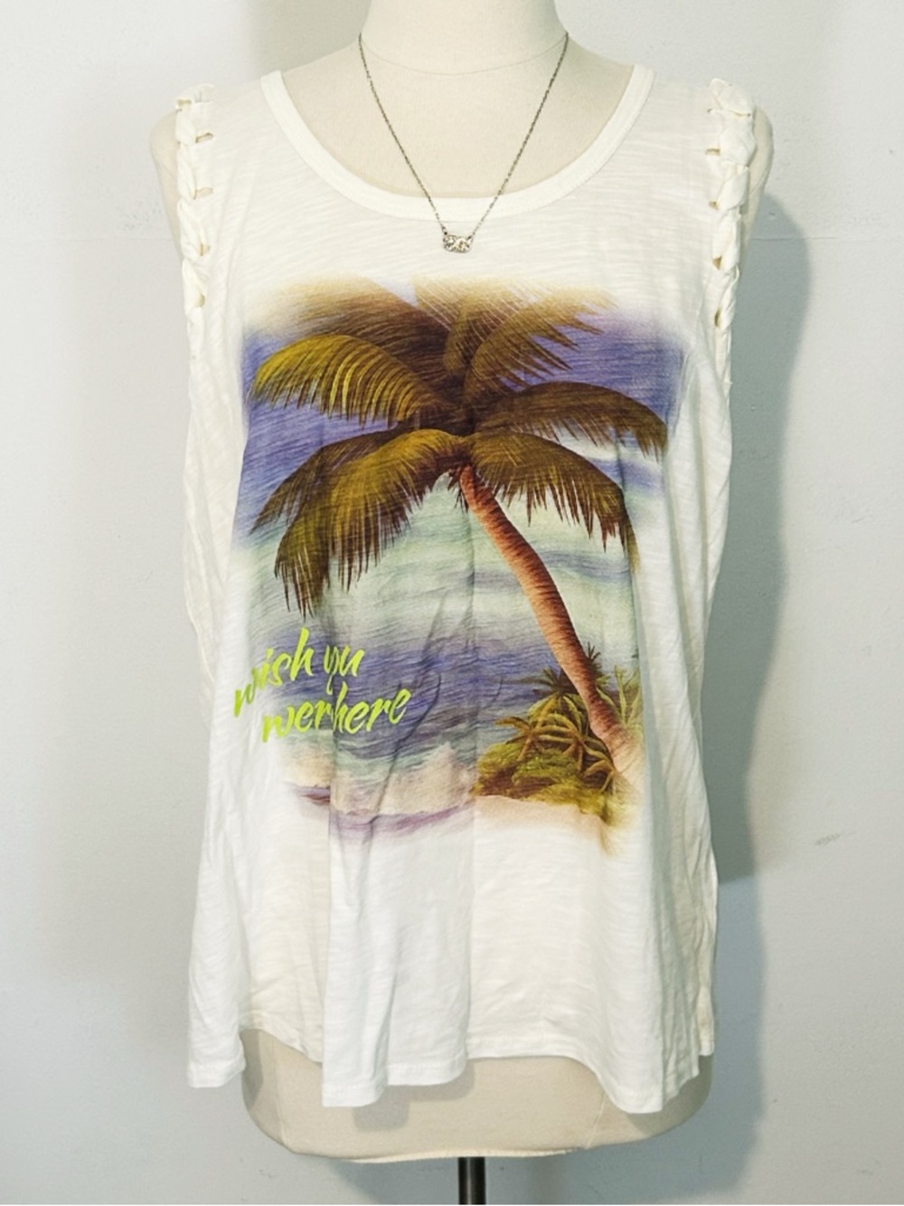 Tropical Palm Graphic Tank Top with Knotted Arm Holes, Cato, NEW